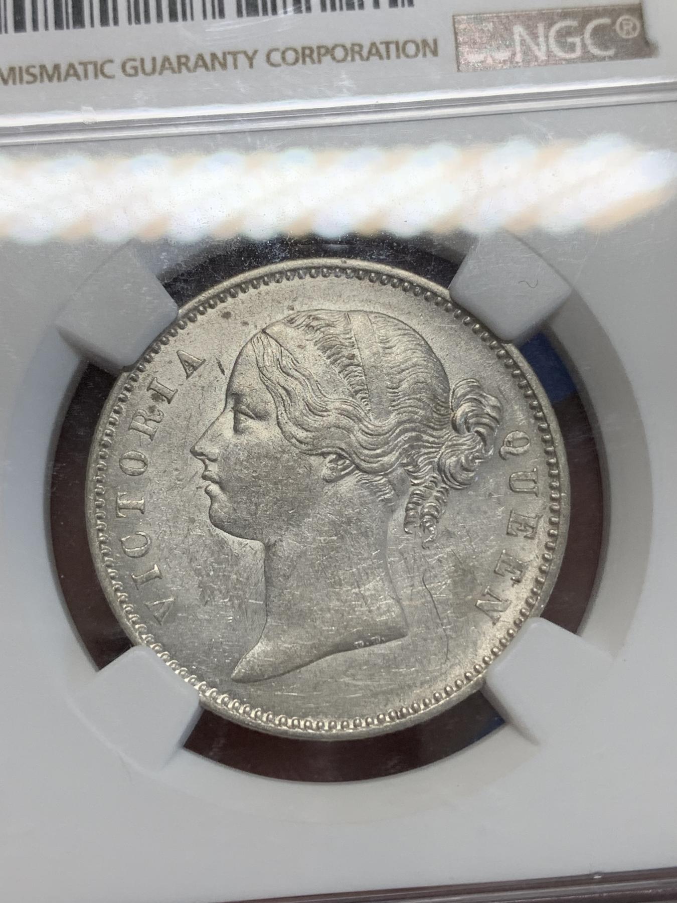 《竞宝斋》第272场- 周日，周一，周二  3场连拍 （全场包邮） NGC AU58 1840年 印度维多利亚女皇头像卢比银币