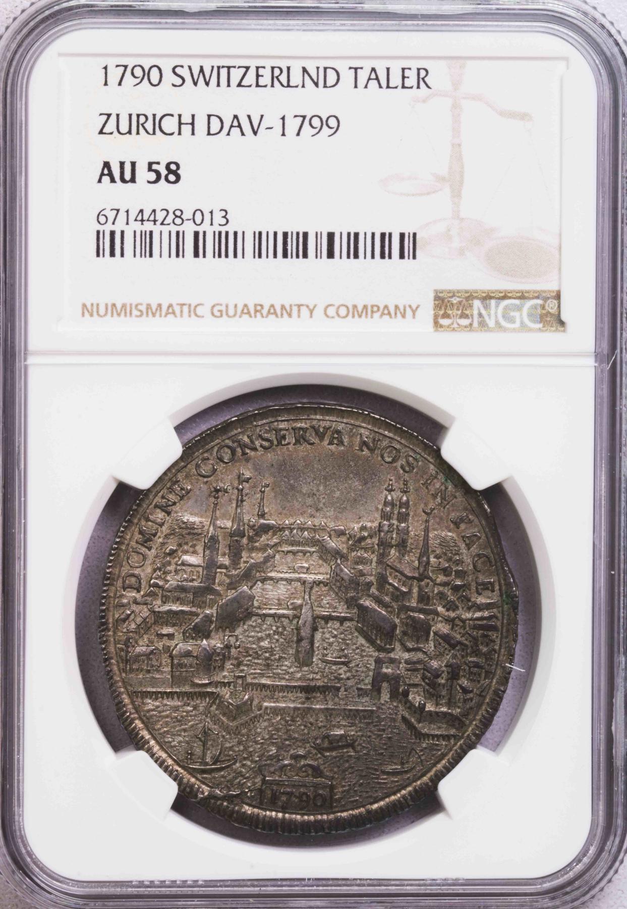 NGC-AU58 1790瑞士苏黎世城市景观泰勒大银币老包浆