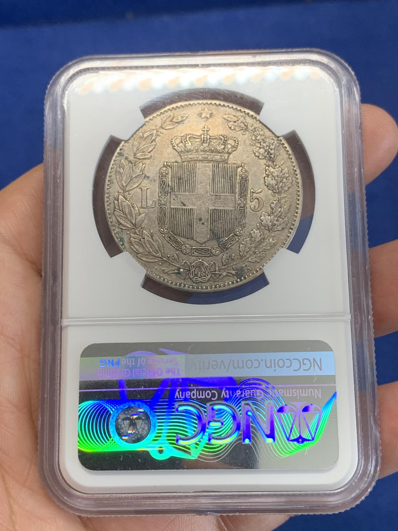 《竞宝斋》第272场- 周日，周一，周二  3场连拍 （全场包邮） NGC AUD 1879年意大利国王翁贝托一世5里拉银币