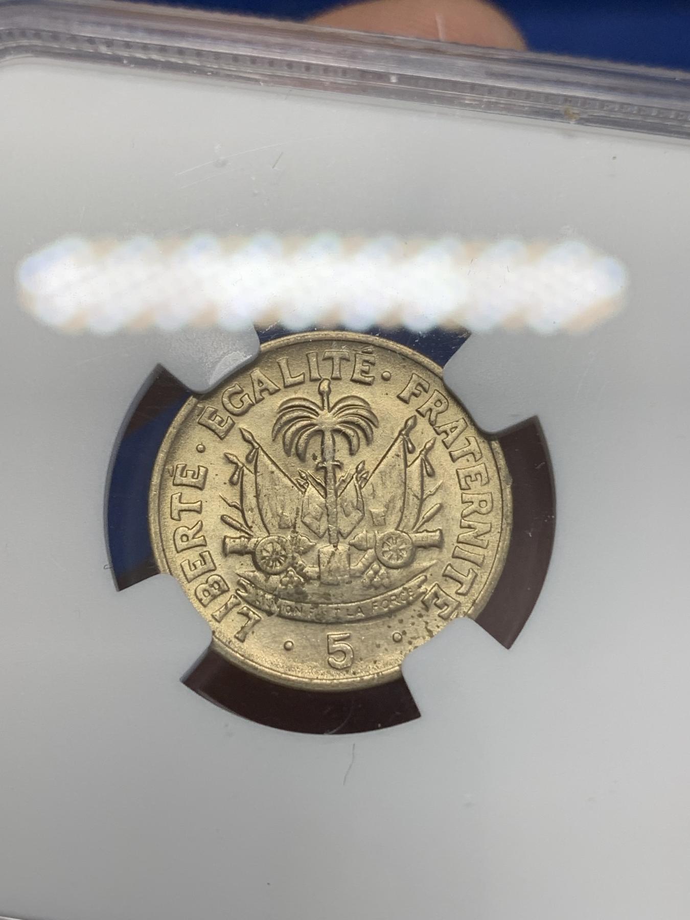 《竞宝斋》第272场- 周日，周一，周二  3场连拍 （全场包邮） NGC MS62 海地1953年5分镍币