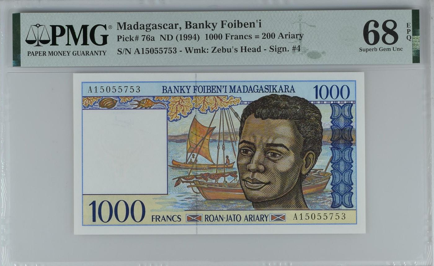 收藏联盟Quantum Auction 第349期拍卖  马达加斯加1994年1000 Francs = 200 Ariary首发A冠  PMG68 号码无4