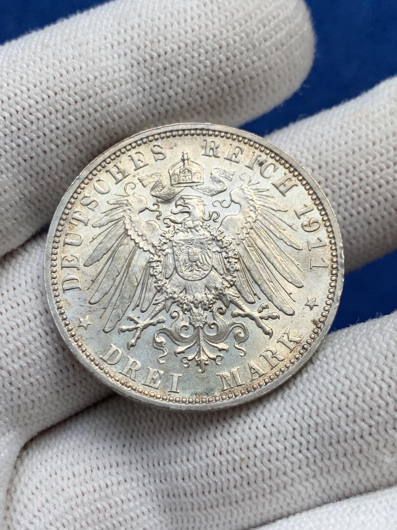 《竞宝斋》第272场- 周日，周一，周二  3场连拍 （全场包邮） 德国巴伐利亚1911年利奥波德3马克银币  带转光无磕