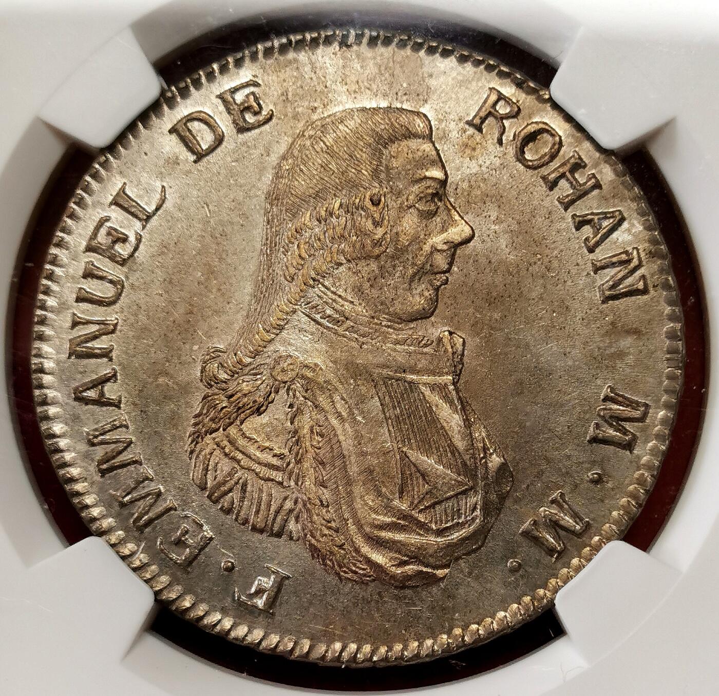 凡希社世界钱币微拍第二百七十期 荐！1796马耳他骑士团ROHAN侧像2SCUDI大银NGC-MS62，一年型，能见到的都是流通品相，N亚军分！在大教长埃马纽埃尔·德·罗汉时期，马耳他骑士团造币厂在管理上采取了必要的措施，这一时期的钱币相比之前，在重量和纯度方面更为精确，且利润转亏为盈。