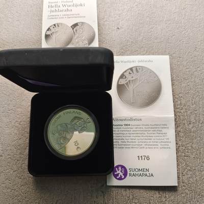 0起1加再包邮-纯粹捡漏拍-326期FAO及芬兰少见精制纪念币主题加场 - 【少见】芬兰2011年10欧元具有很大影响力的女性海拉·伍里约基（商人、百万富婆、诗人、苏联间谍以及政治家）精制纪念银币-盒证全-量7000