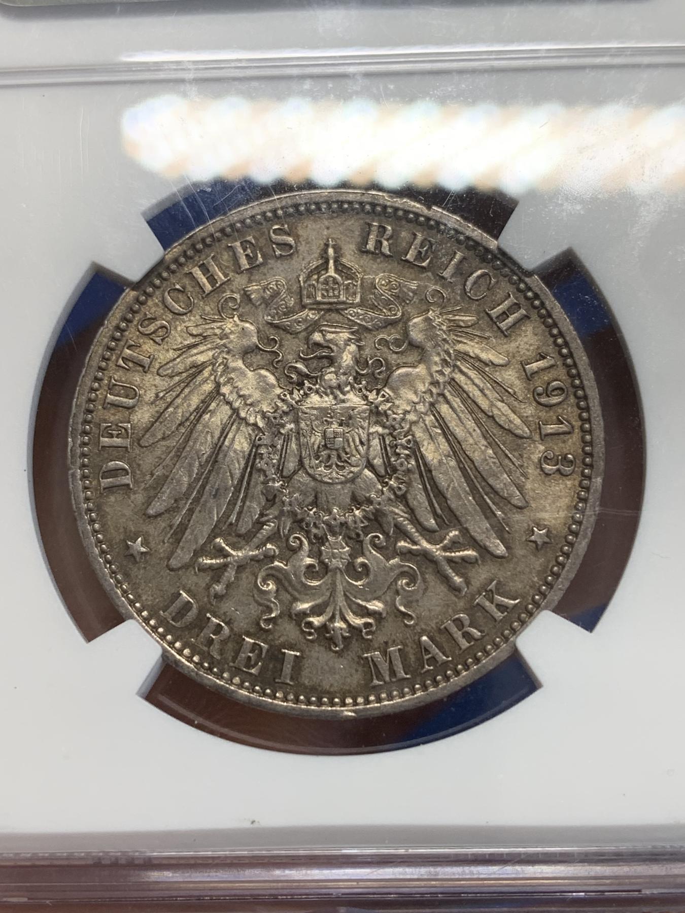 《竞宝斋》第272场- 周日，周一，周二  3场连拍 （全场包邮） NGC MS62 德国1913年莱比锡建功碑3马克银币 原光好品