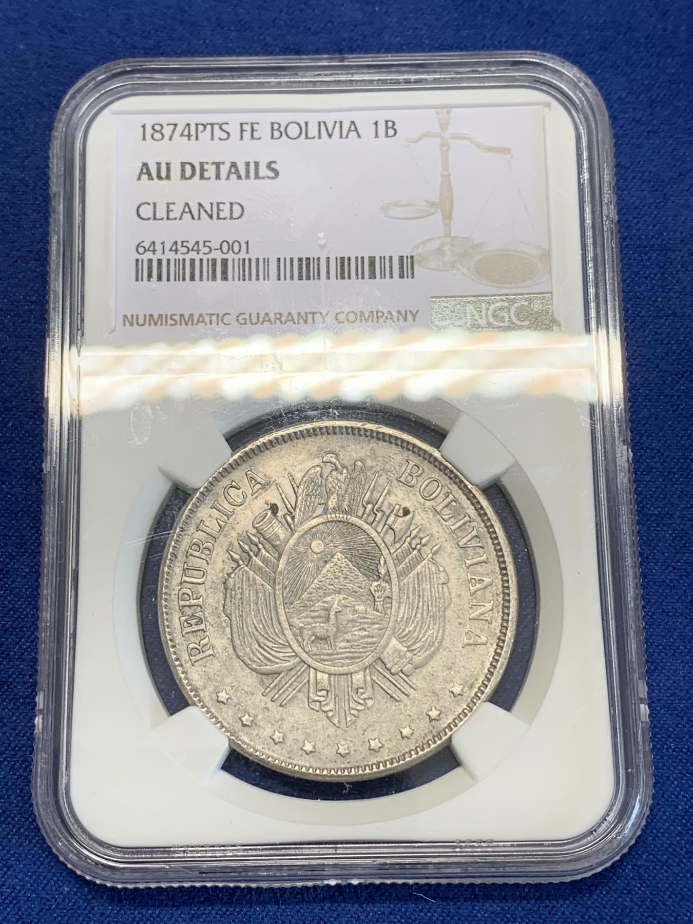 《竞宝斋》第272场- 周日，周一，周二  3场连拍 （全场包邮） NGC AUD 1874玻利维亚1波里亚尔银币 南美上涨品种