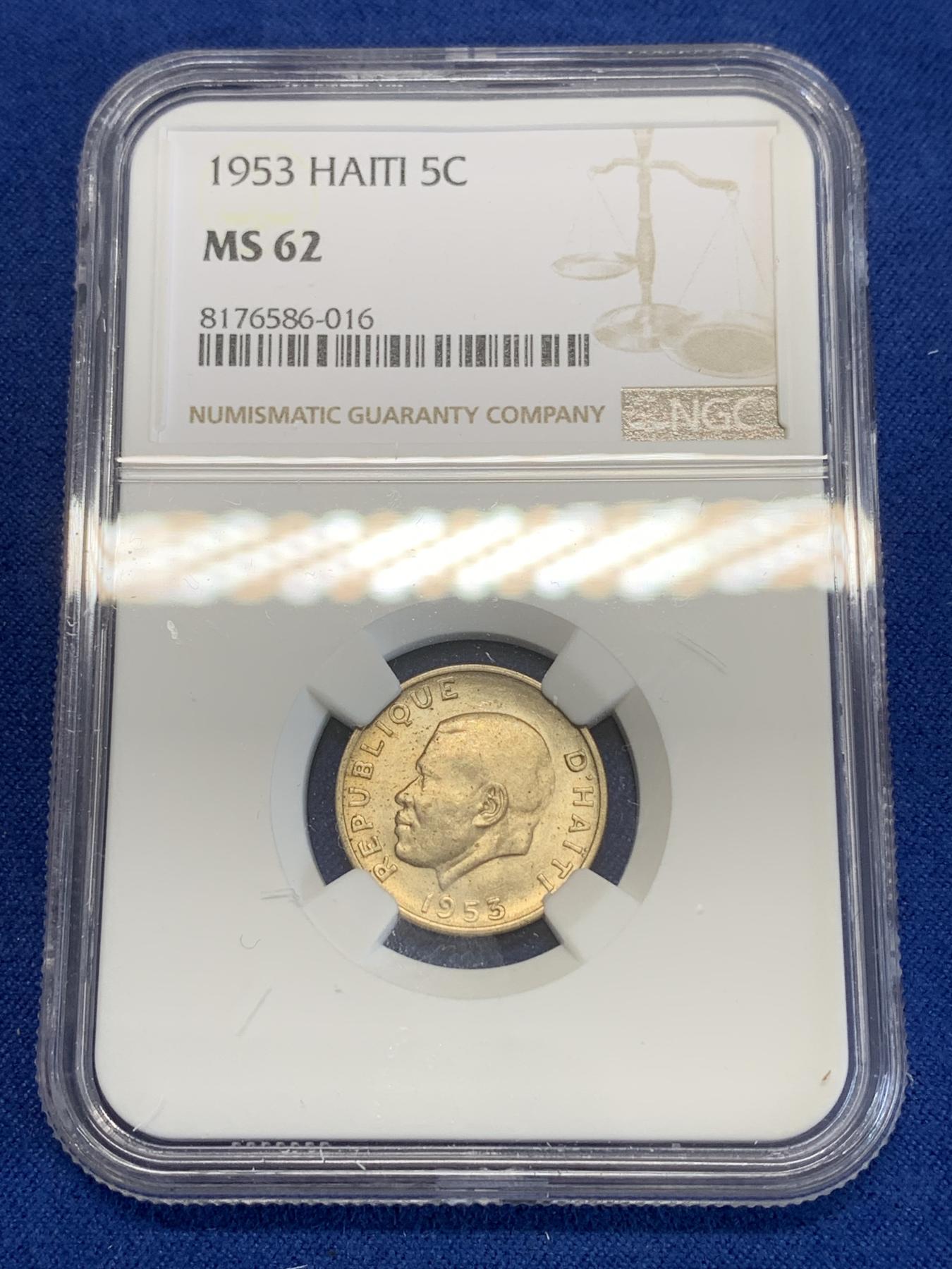 《竞宝斋》第272场- 周日，周一，周二  3场连拍 （全场包邮） NGC MS62 海地1953年5分镍币