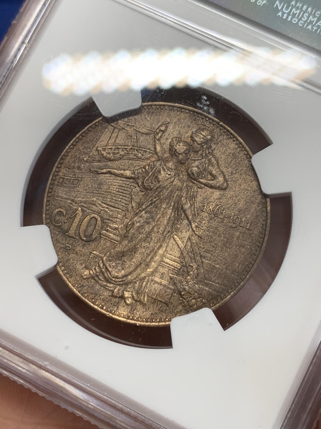 《竞宝斋》第272场- 周日，周一，周二  3场连拍 （全场包邮） NGC AUD 意大利1911年建国150周年10分铜币 俗称“托奶”铜币