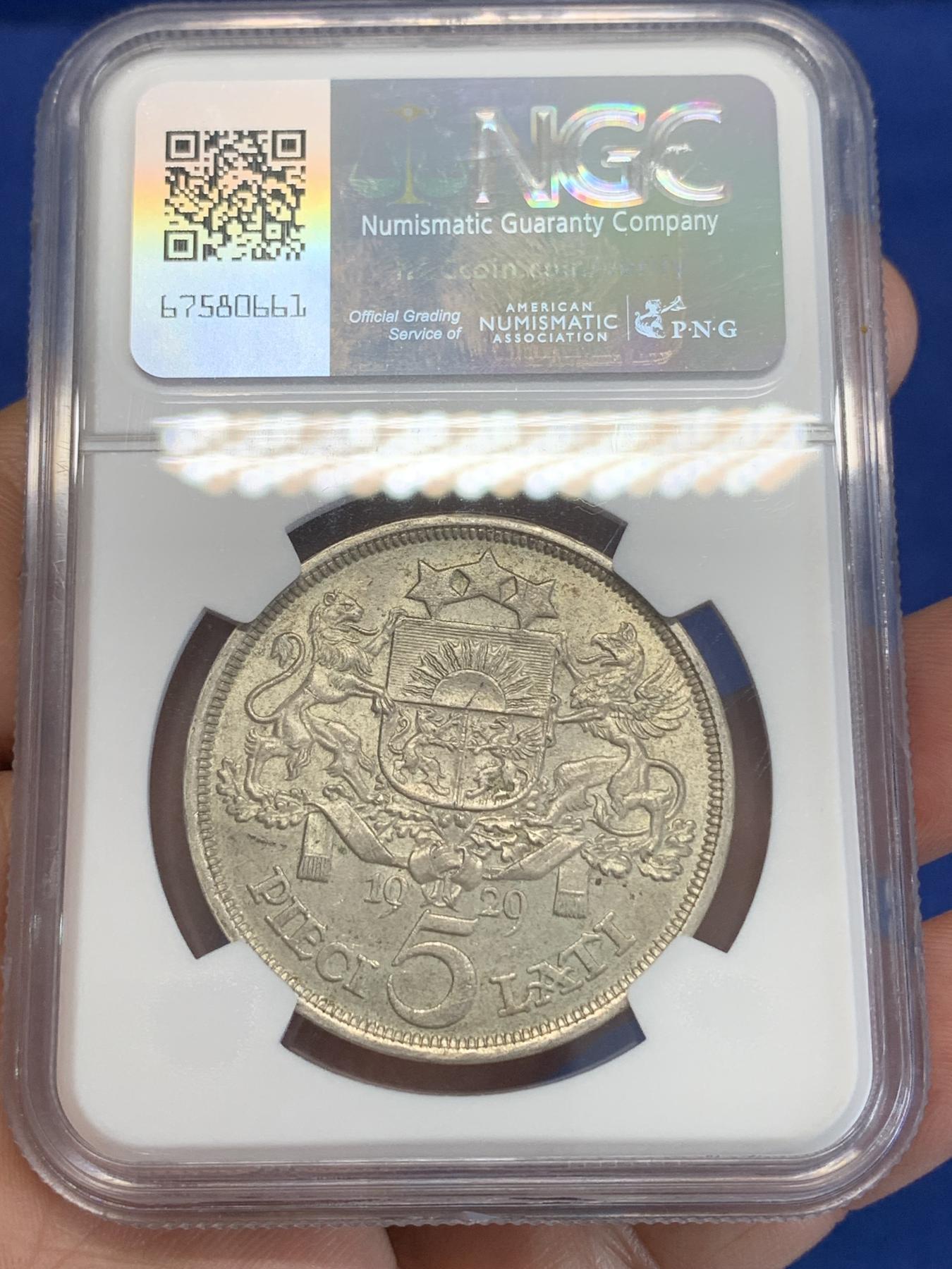 《竞宝斋》第272场- 周日，周一，周二  3场连拍 （全场包邮） NGC MS62 拉脱维亚1929年谷物女神5拉特银币