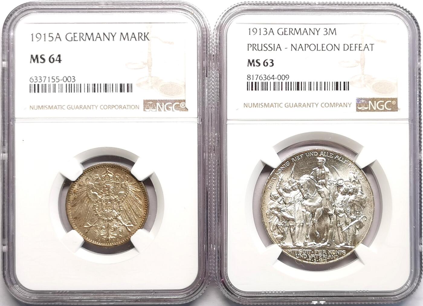 凡希社世界钱币微拍第二百七十期 德国银马克纪念3马克一对NGC-MS64/63