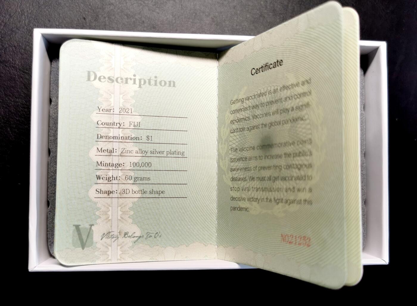 凡希社世界钱币微拍第二百七十期 2021斐济新冠疫苗瓶锌镀银异形dollar纪念币原厂盒证！