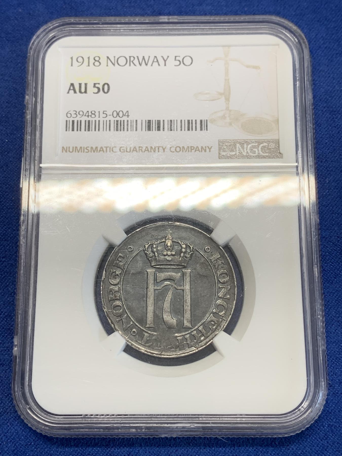 《竞宝斋》第272场- 周日，周一，周二  3场连拍 （全场包邮） NGC AU50 挪威1918年哈康七世国王铁币