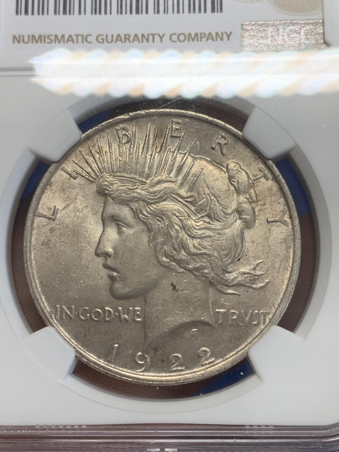 《竞宝斋》第272场- 周日，周一，周二  3场连拍 （全场包邮） NGC MS61 美国 1922年 和平银币 原味状态