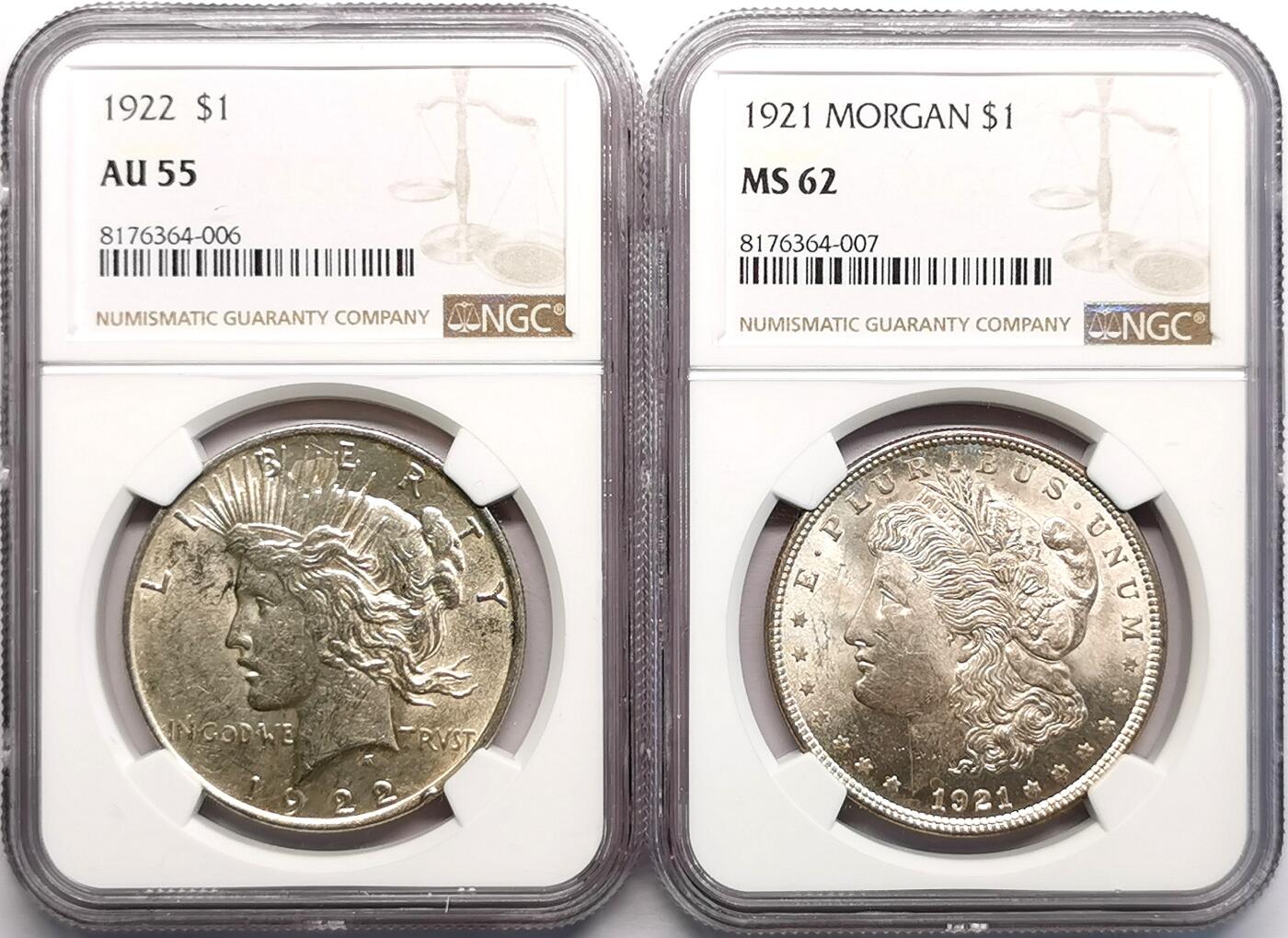 凡希社世界钱币微拍第二百七十期 美国摩根和平壹元一对NGC