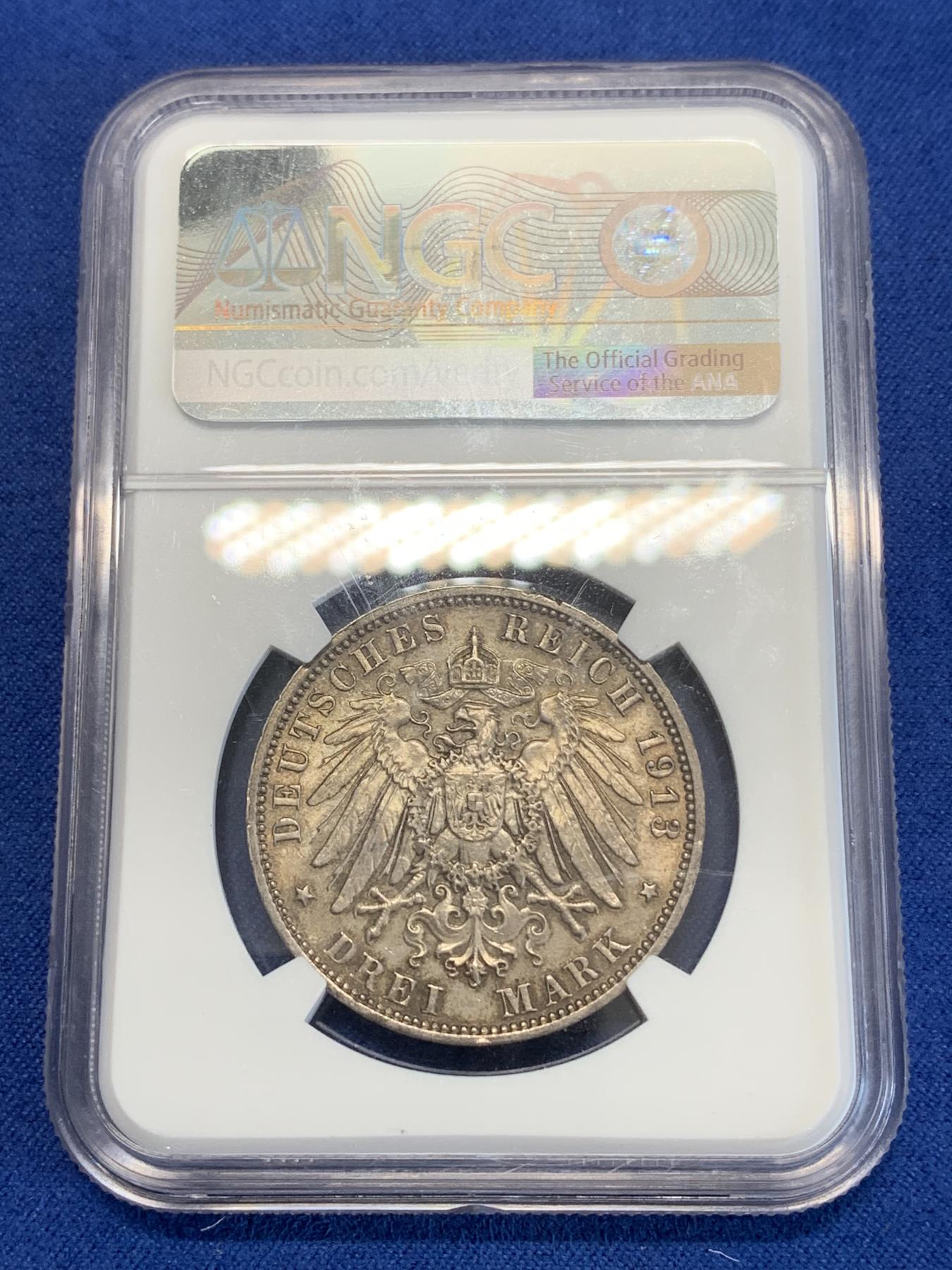 《竞宝斋》第272场- 周日，周一，周二  3场连拍 （全场包邮） NGC MS62 德国1913年莱比锡建功碑3马克银币 原光好品