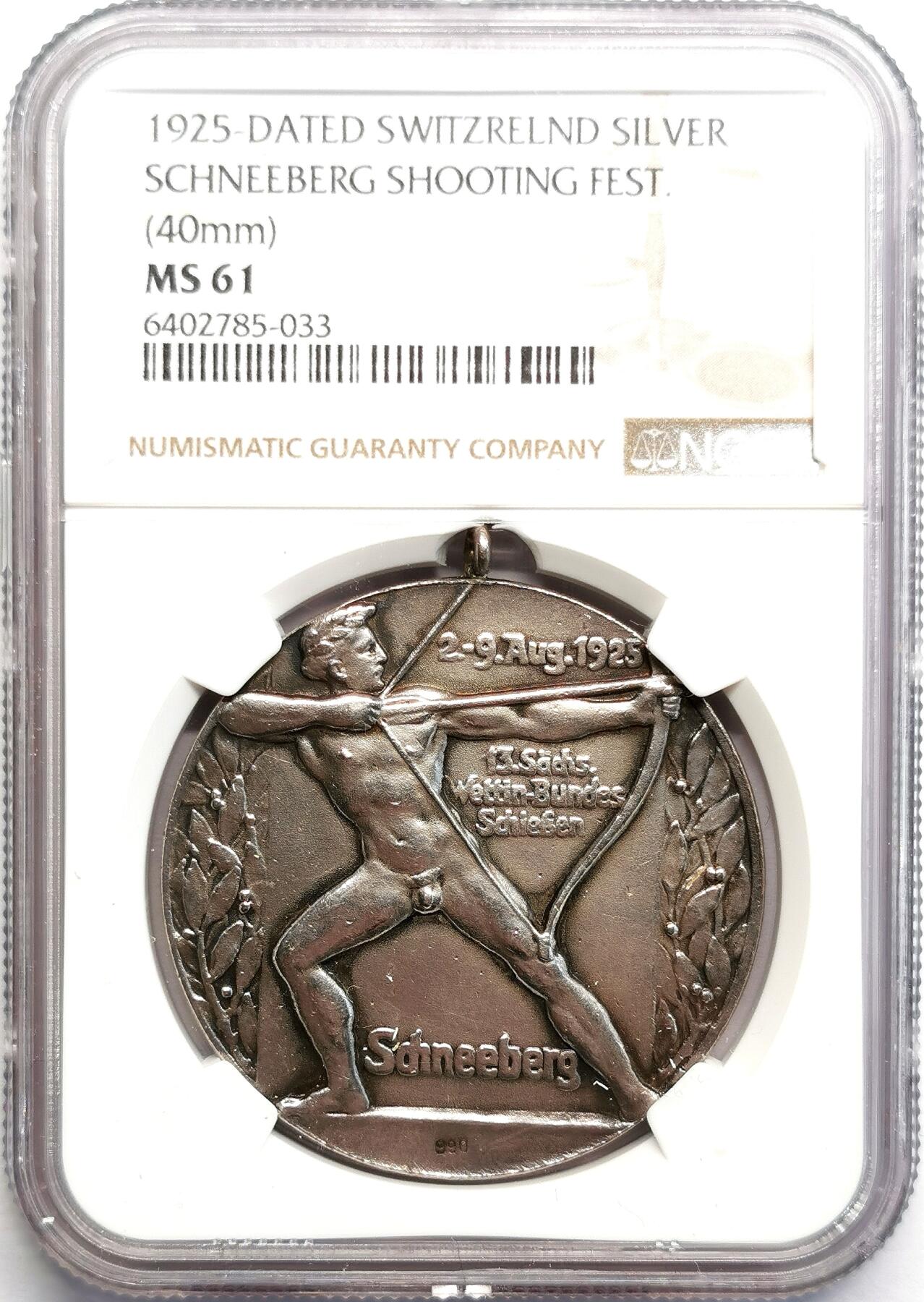 凡希社世界钱币微拍第二百七十期 1925瑞士施尼博格射击节纪念银章NGC-MS61