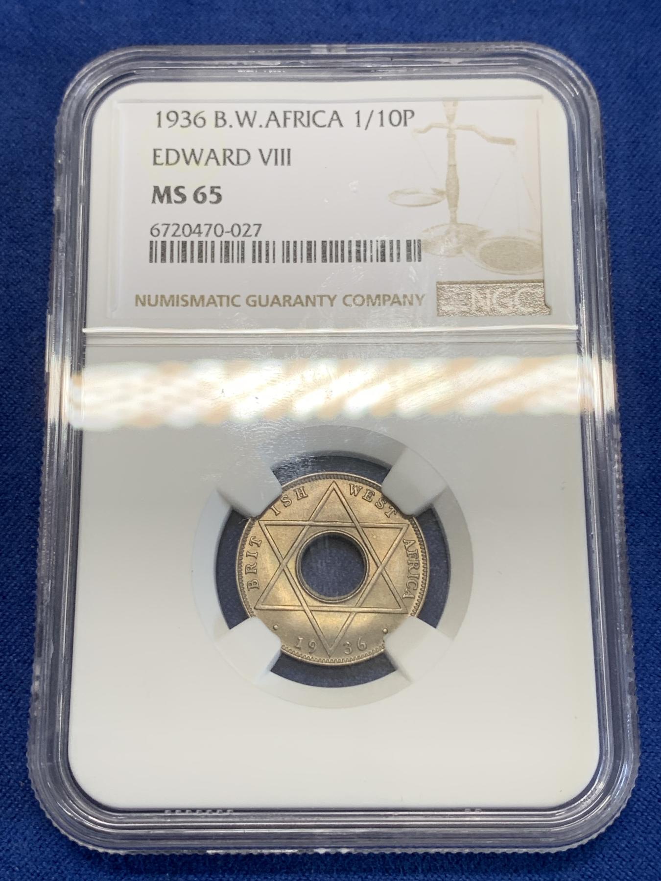 《竞宝斋》第272场- 周日，周一，周二  3场连拍 （全场包邮） NGC MS65 英属西非1936爱德华八世1/10便士 少见品种