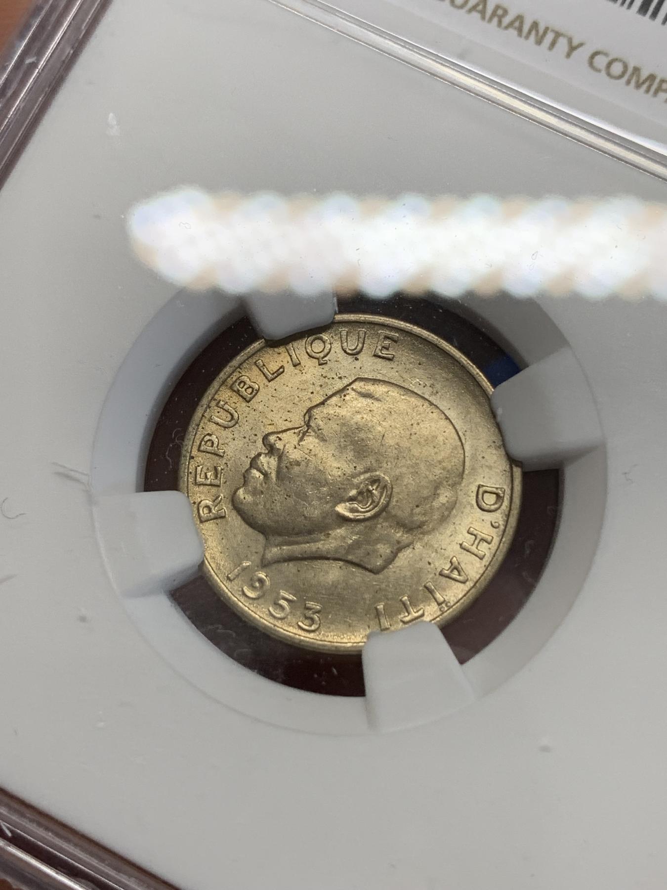 《竞宝斋》第272场- 周日，周一，周二  3场连拍 （全场包邮） NGC MS62 海地1953年5分镍币