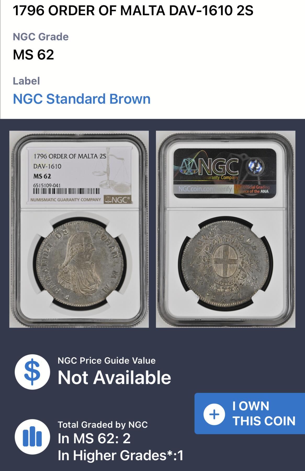 凡希社世界钱币微拍第二百七十期 荐！1796马耳他骑士团ROHAN侧像2SCUDI大银NGC-MS62，一年型，能见到的都是流通品相，N亚军分！在大教长埃马纽埃尔·德·罗汉时期，马耳他骑士团造币厂在管理上采取了必要的措施，这一时期的钱币相比之前，在重量和纯度方面更为精确，且利润转亏为盈。