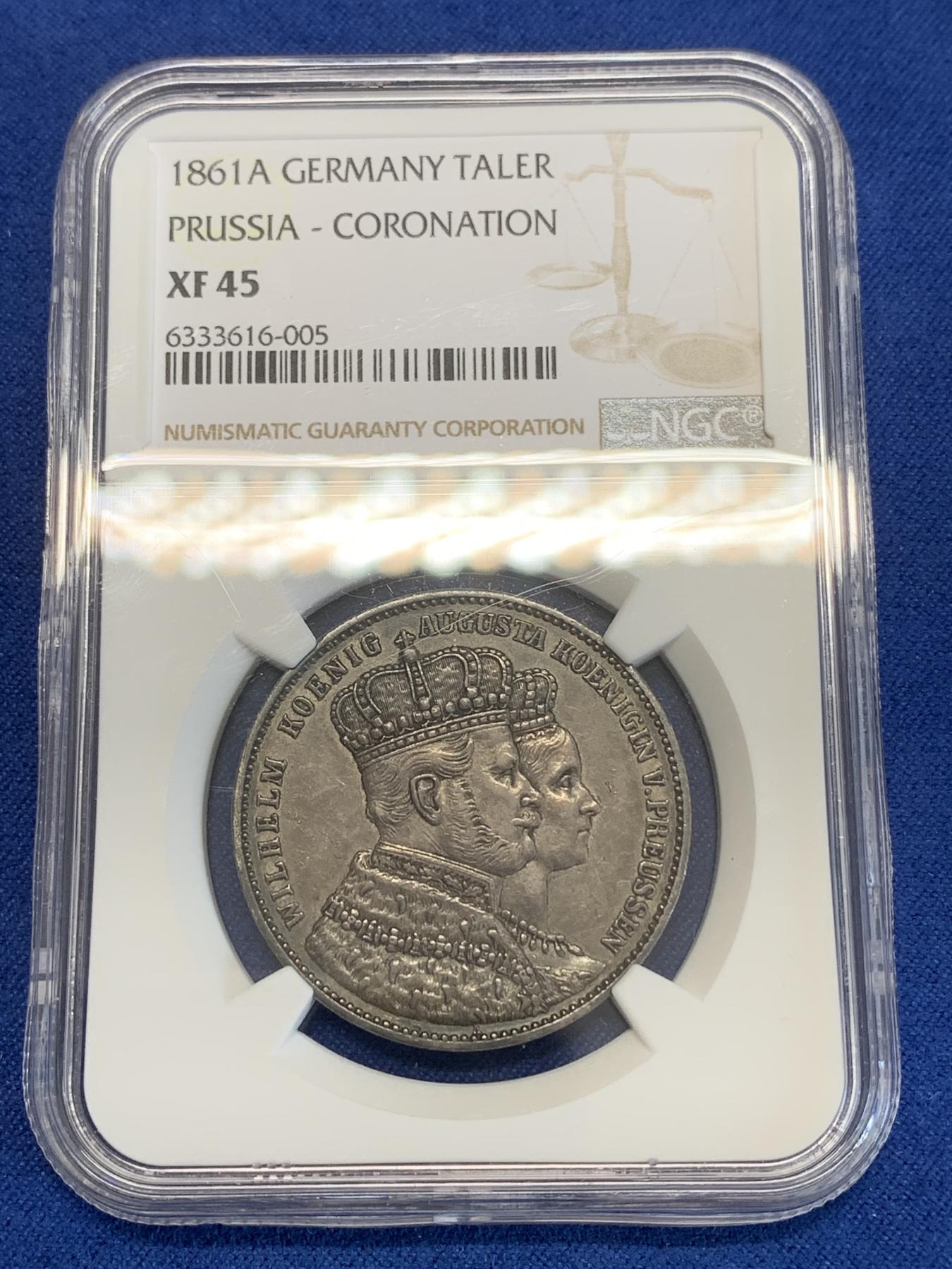 《竞宝斋》第272场- 周日，周一，周二  3场连拍 （全场包邮） NGC XF45 德国普鲁士1861年毛衣泰勒银币 通体黑包浆 状态佳低评了