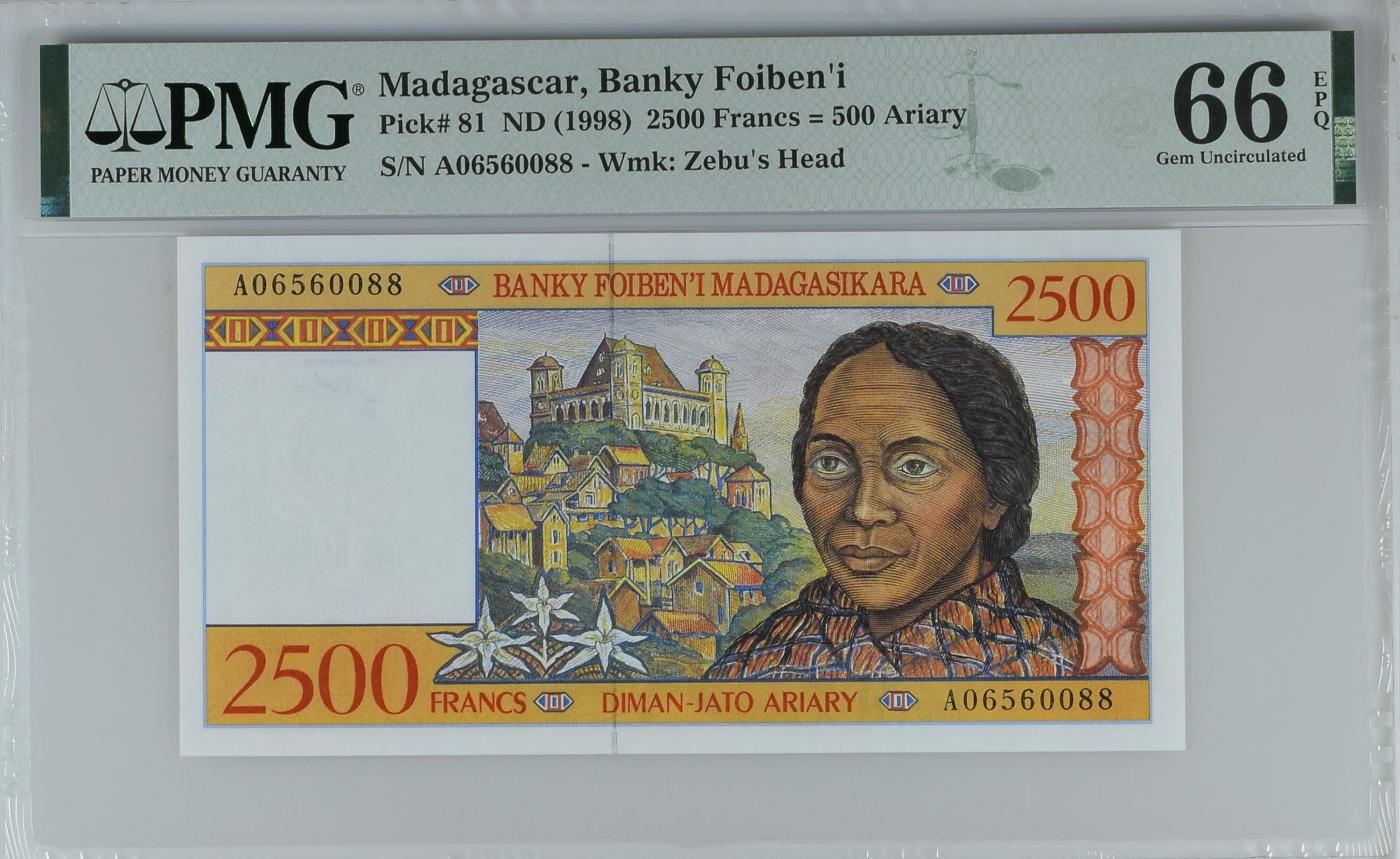 收藏联盟Quantum Auction 第349期拍卖  马达加斯加1998年2500 Francs = 500 Ariary首发A冠 PMG66 号码无47