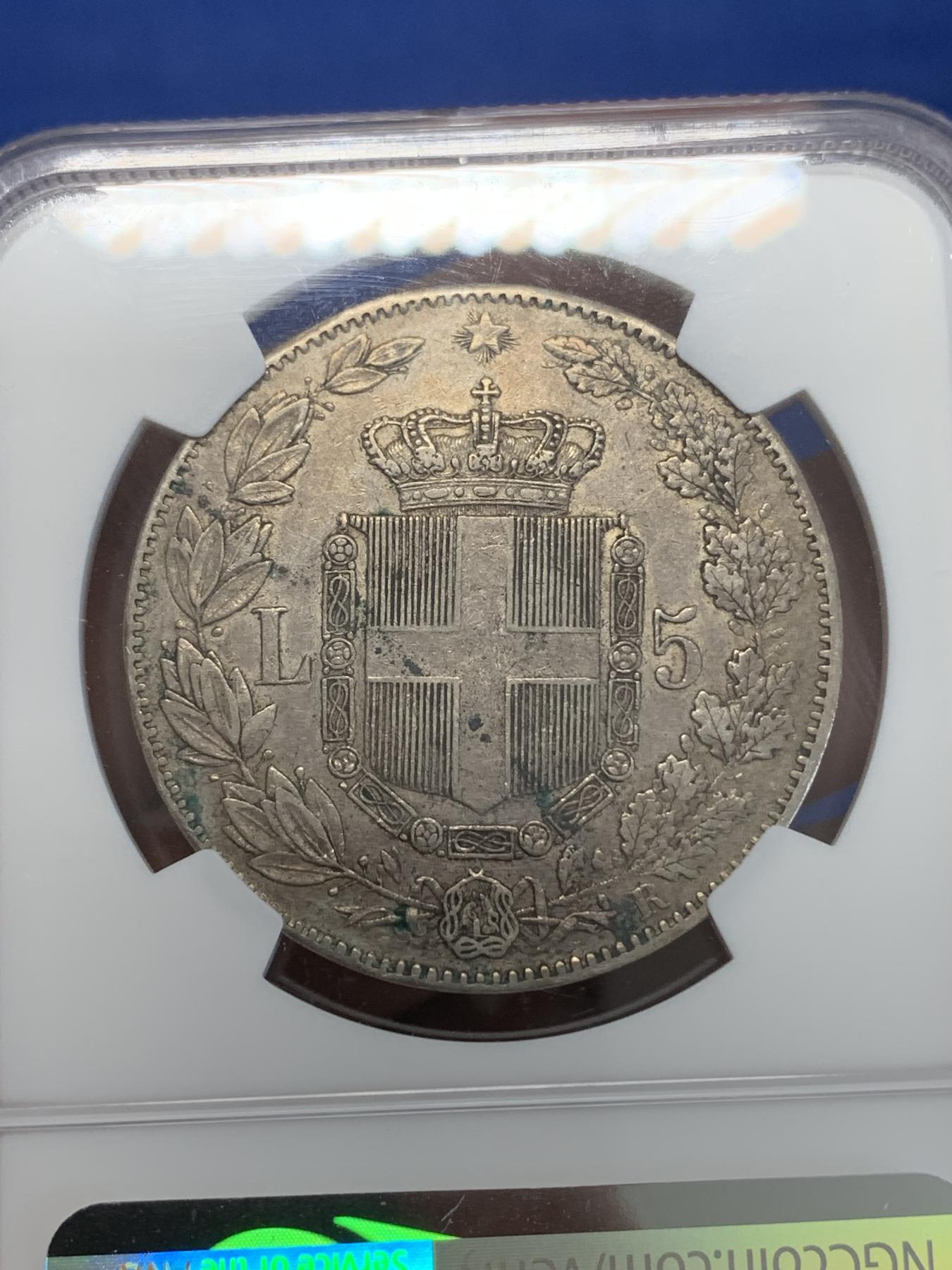 《竞宝斋》第272场- 周日，周一，周二  3场连拍 （全场包邮） NGC AUD 1879年意大利国王翁贝托一世5里拉银币