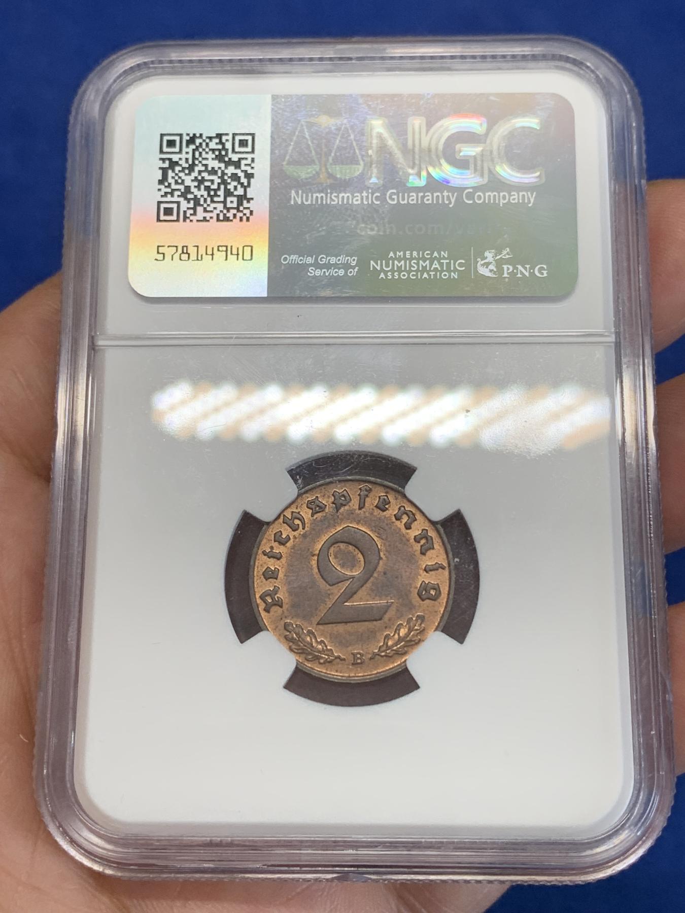 《竞宝斋》第272场- 周日，周一，周二  3场连拍 （全场包邮） NGC MS63RB 1939B德意志第三帝国2芬尼铜币