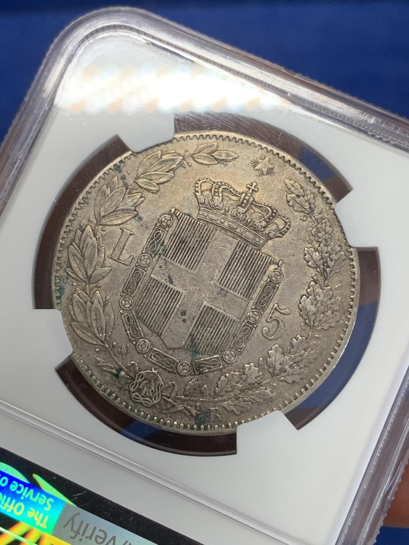 《竞宝斋》第272场- 周日，周一，周二  3场连拍 （全场包邮） NGC AUD 1879年意大利国王翁贝托一世5里拉银币