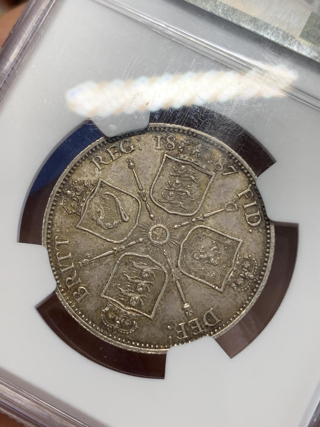 《竞宝斋》第272场- 周日，周一，周二  3场连拍 （全场包邮） NGC AU58 英国1887年维多利亚2先令银币 1弗洛林 原味老包浆