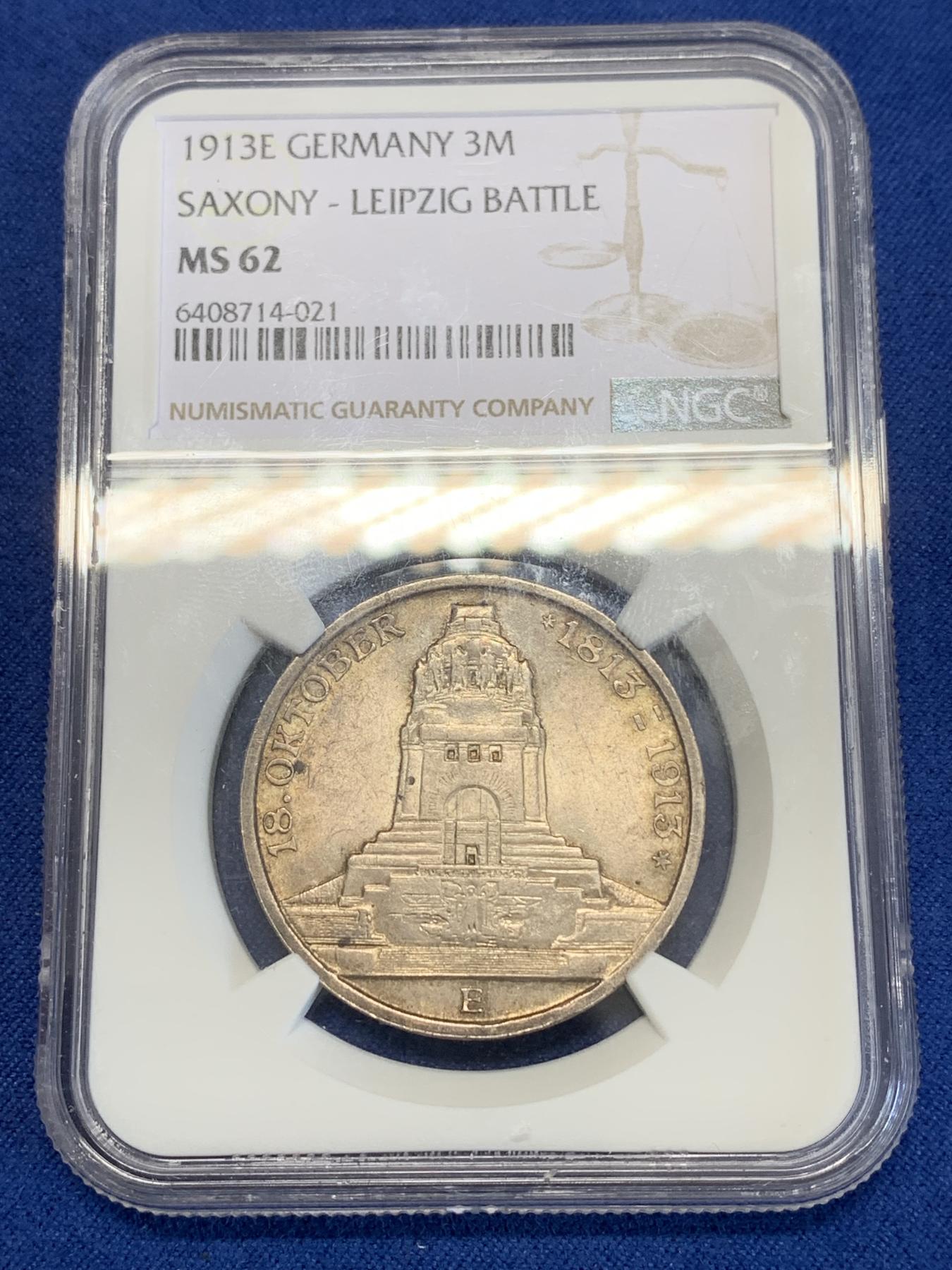 《竞宝斋》第272场- 周日，周一，周二  3场连拍 （全场包邮） NGC MS62 德国1913年莱比锡建功碑3马克银币 原光好品