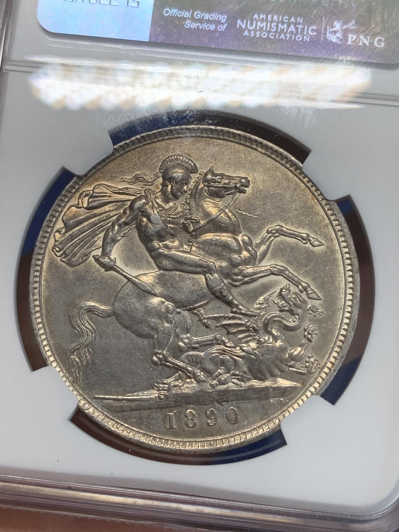 《竞宝斋》第272场- 周日，周一，周二  3场连拍 （全场包邮） NGC AUD 英国1890年维多利亚女王高冠马剑1克朗银币