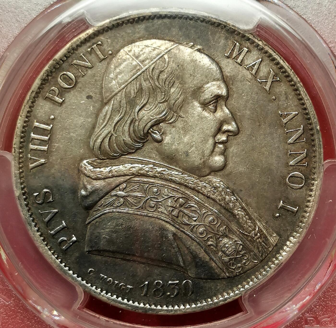 凡希社世界钱币微拍第二百七十期 荐！1830教皇国庇护八世背双圣SCUDO大银PCGS-AU58，边缘黑彩，人物神态传神，整体状态极佳的一枚！