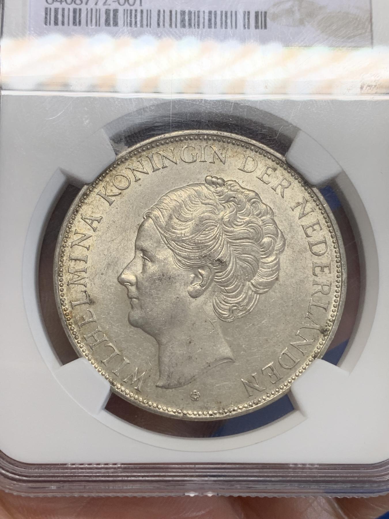 《竞宝斋》第272场- 周日，周一，周二  3场连拍 （全场包邮） NGC MS62 荷兰1937年女王威廉明娜2.5盾银币