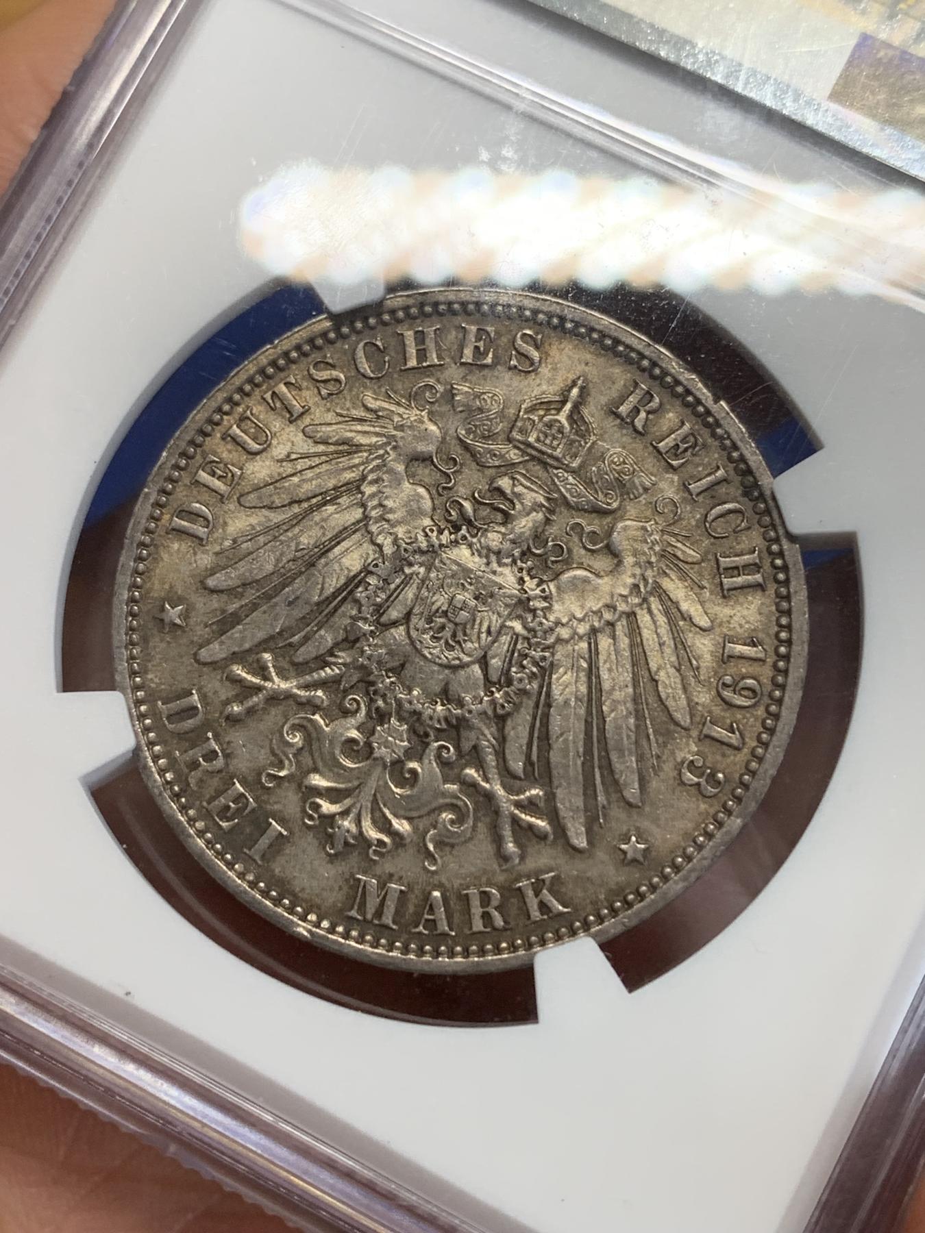 《竞宝斋》第272场- 周日，周一，周二  3场连拍 （全场包邮） NGC MS62 德国1913年莱比锡建功碑3马克银币 原光好品