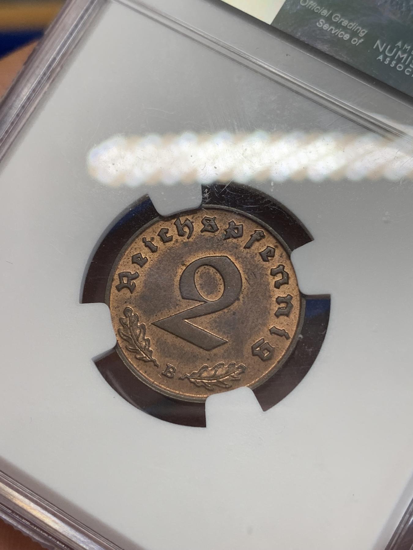 《竞宝斋》第272场- 周日，周一，周二  3场连拍 （全场包邮） NGC MS63RB 1939B德意志第三帝国2芬尼铜币