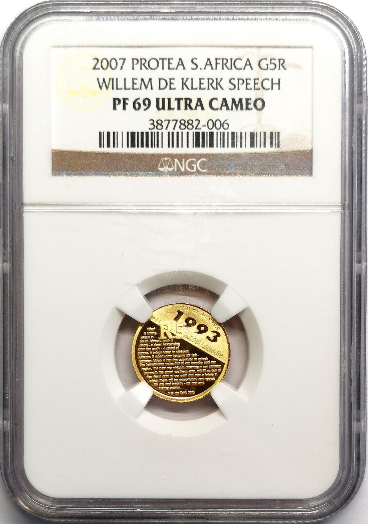 凡希社世界钱币微拍第二百七十期 2007南非德克勒克演讲5兰特纪念金币NGC-PF69UC，1/10盎司纯金。