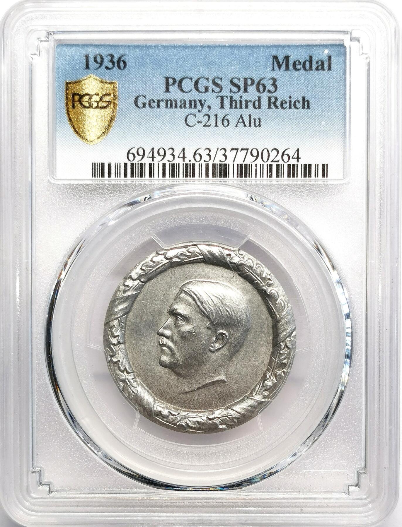 凡希社世界钱币微拍第二百七十期 1936德国元首铝质纪念像章PCGS-SP63
