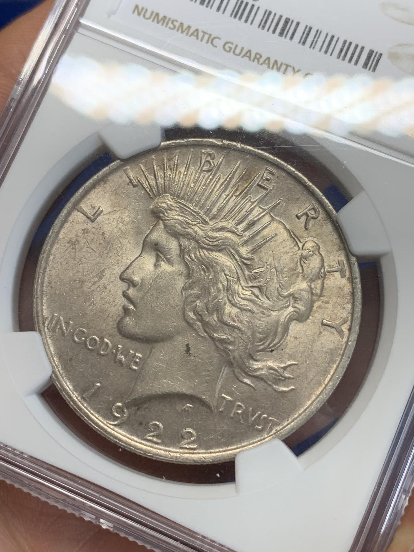 《竞宝斋》第272场- 周日，周一，周二  3场连拍 （全场包邮） NGC MS61 美国 1922年 和平银币 原味状态