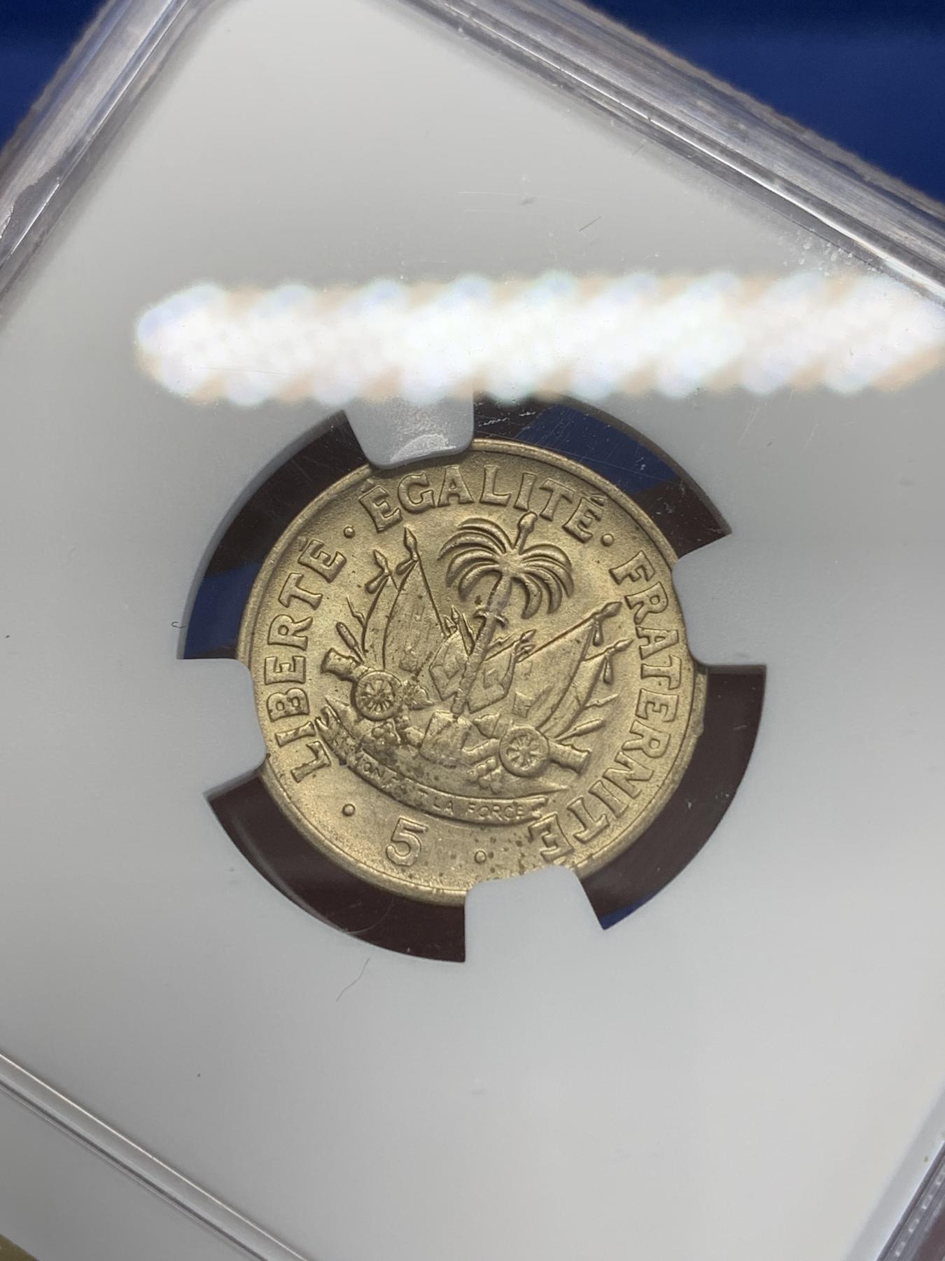 《竞宝斋》第272场- 周日，周一，周二  3场连拍 （全场包邮） NGC MS62 海地1953年5分镍币