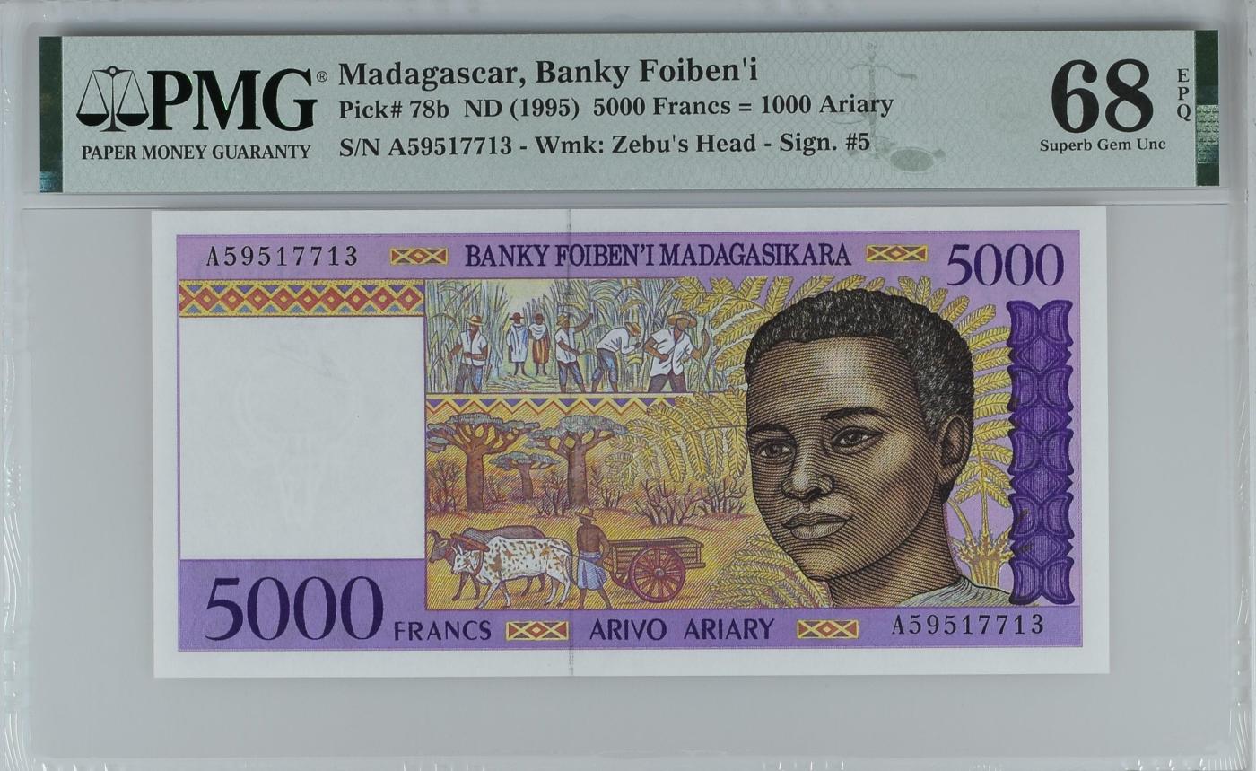 收藏联盟Quantum Auction 第349期拍卖  马达加斯加1995年5000 Francs = 1000 Ariary首发A冠 PMG68 号码无4
