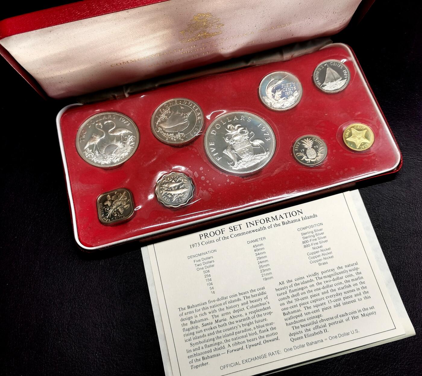 凡希社世界钱币微拍第二百七十期 1973巴哈马精铸PS九枚，附原厂盒证，塑封略有起泡，币轻微氧化。