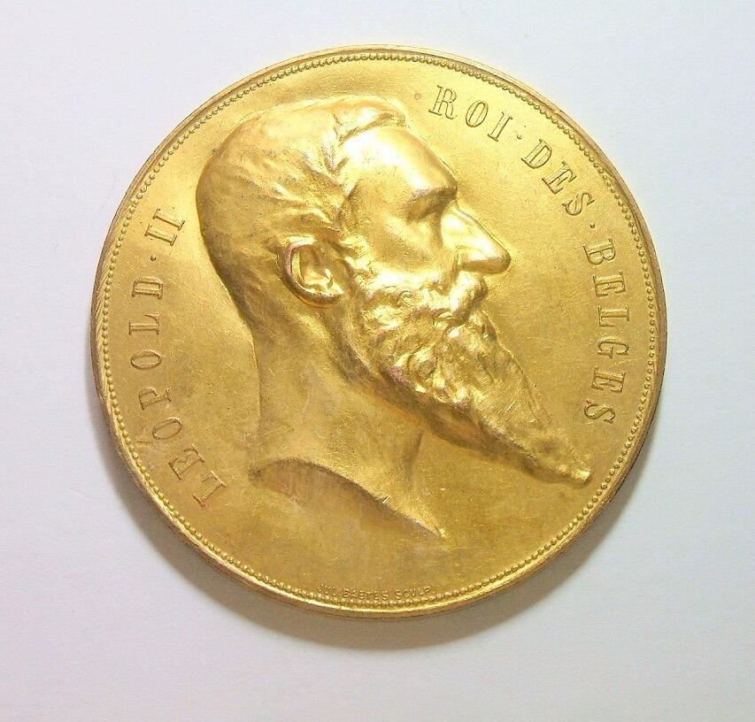 比利时1894年 利奥波德二世高浮雕精制超大镀金章 60MM