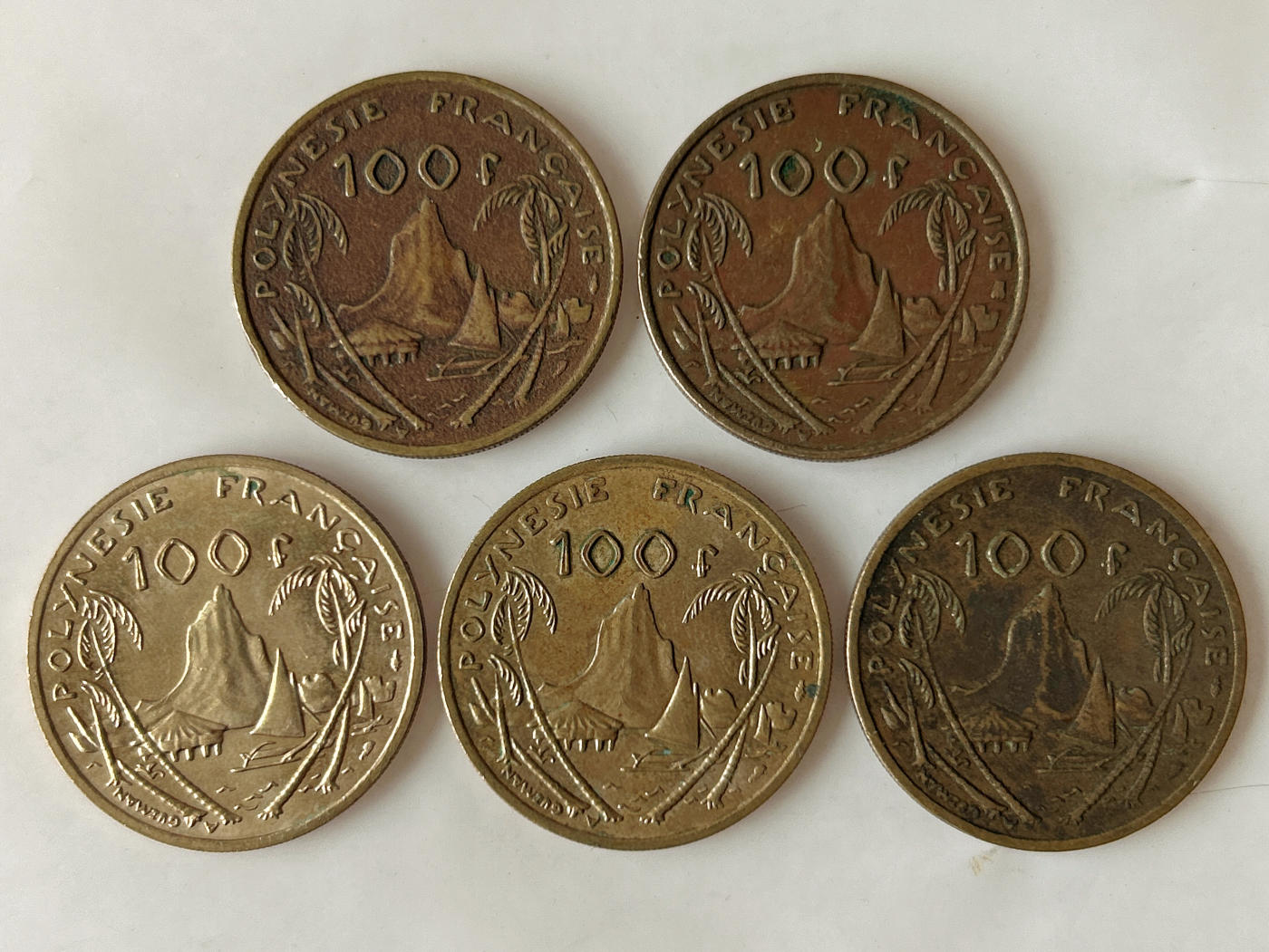 第一海外回流一元起拍收藏 散币专场 第92期 法属波利尼西亚100法郎铜币 5枚