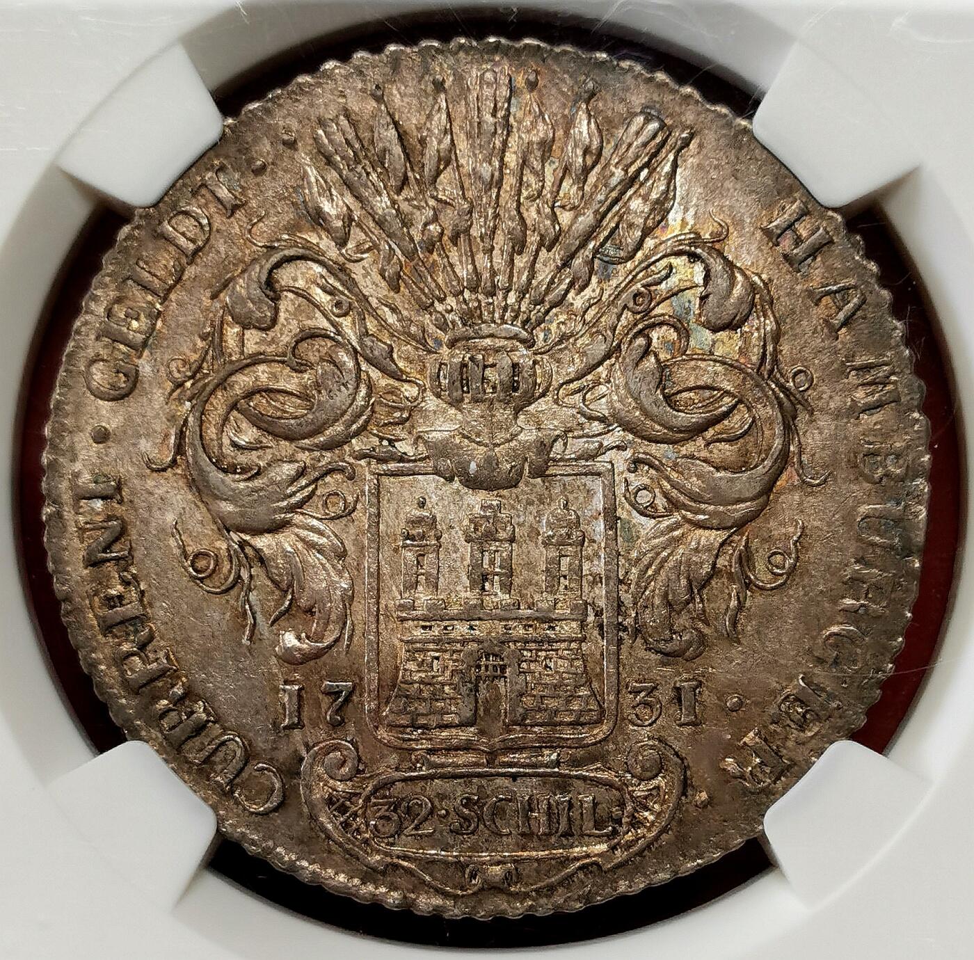 凡希社世界钱币微拍第二百七十期 1731IHL帝国自由市汉堡城徽与双头鹰32S大银NGC-MS61，暗金彩，略低评了！