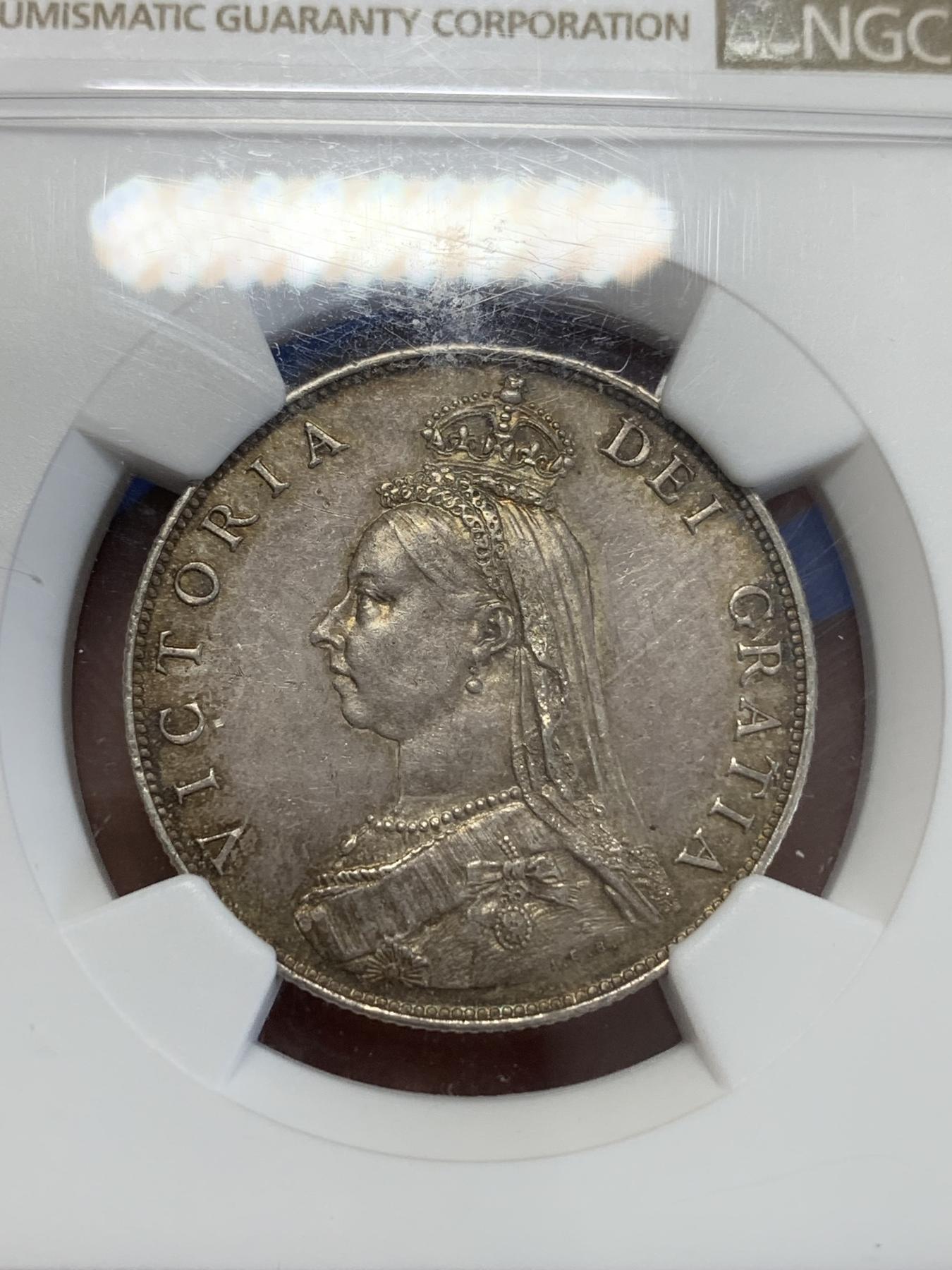 《竞宝斋》第272场- 周日，周一，周二  3场连拍 （全场包邮） NGC AU58 英国1887年维多利亚2先令银币 1弗洛林 原味老包浆