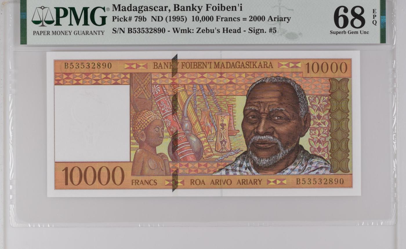 收藏联盟Quantum Auction 第349期拍卖  马达加斯加1995年10,000 Francs = 2000 Ariary  PMG68 号码无47