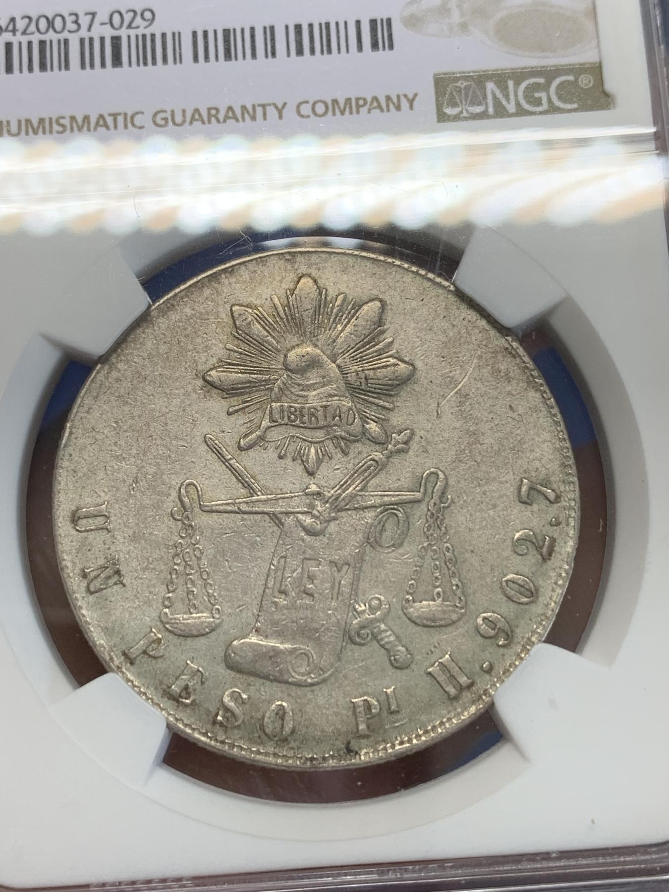 《竞宝斋》第272场- 周日，周一，周二  3场连拍 （全场包邮） NGC AUD 墨西哥1873年 PI H 天平鹰洋银币