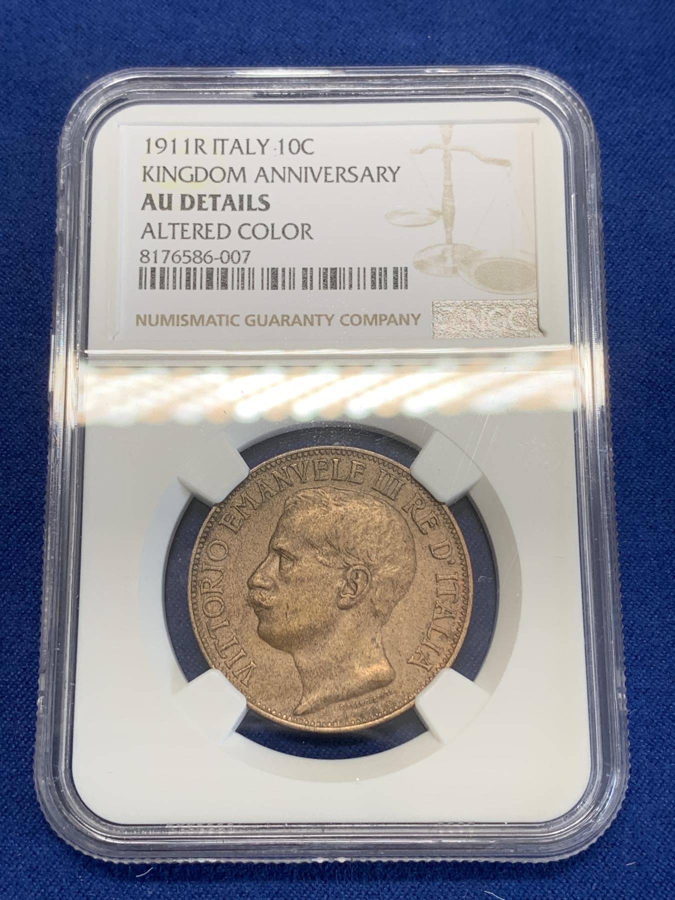 《竞宝斋》第272场- 周日，周一，周二  3场连拍 （全场包邮） NGC AUD 意大利1911年建国150周年10分铜币 俗称“托奶”铜币