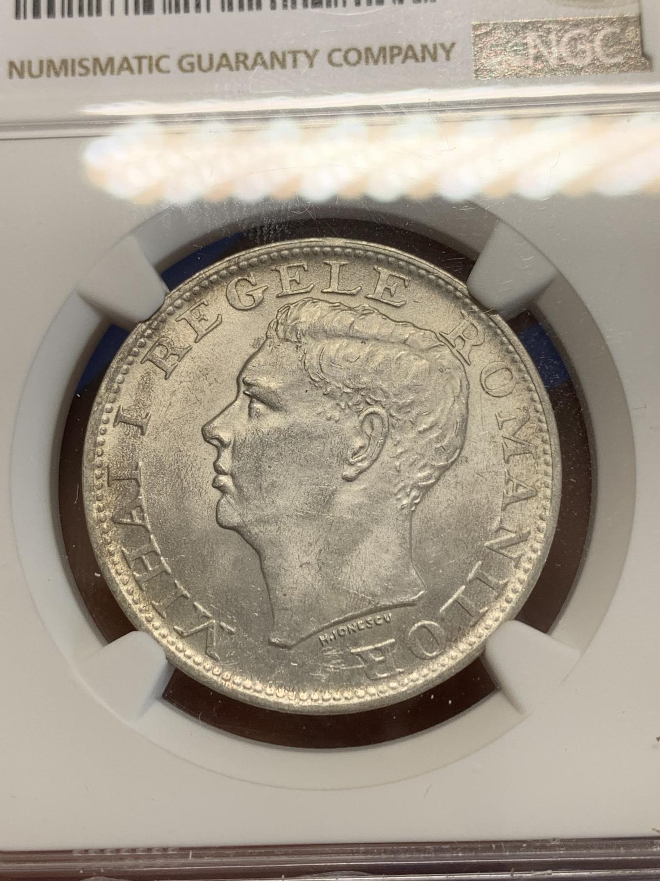 《竞宝斋》第272场- 周日，周一，周二  3场连拍 （全场包邮） NGC MS62 罗马尼亚1944年500列伊银币