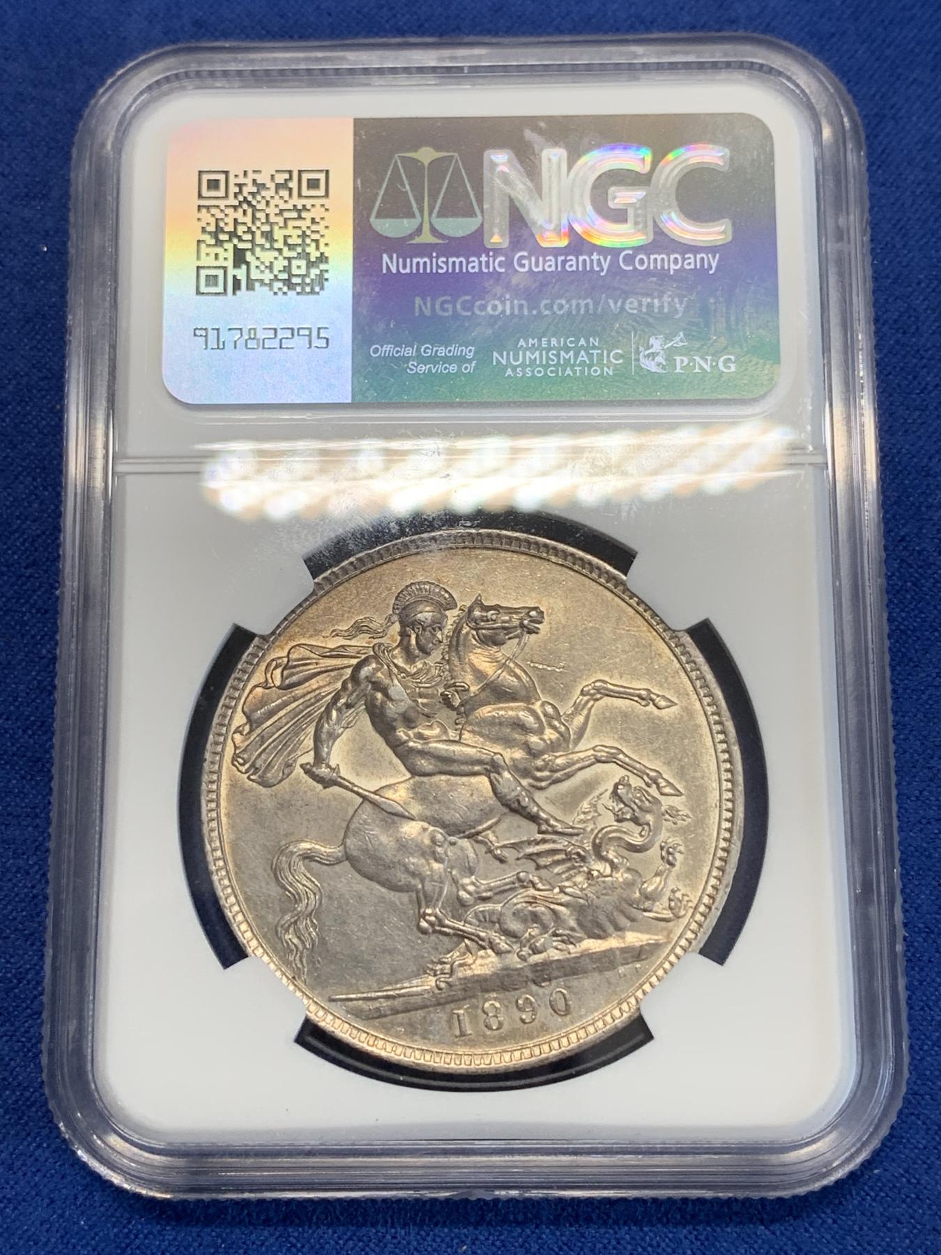 《竞宝斋》第272场- 周日，周一，周二  3场连拍 （全场包邮） NGC AUD 英国1890年维多利亚女王高冠马剑1克朗银币